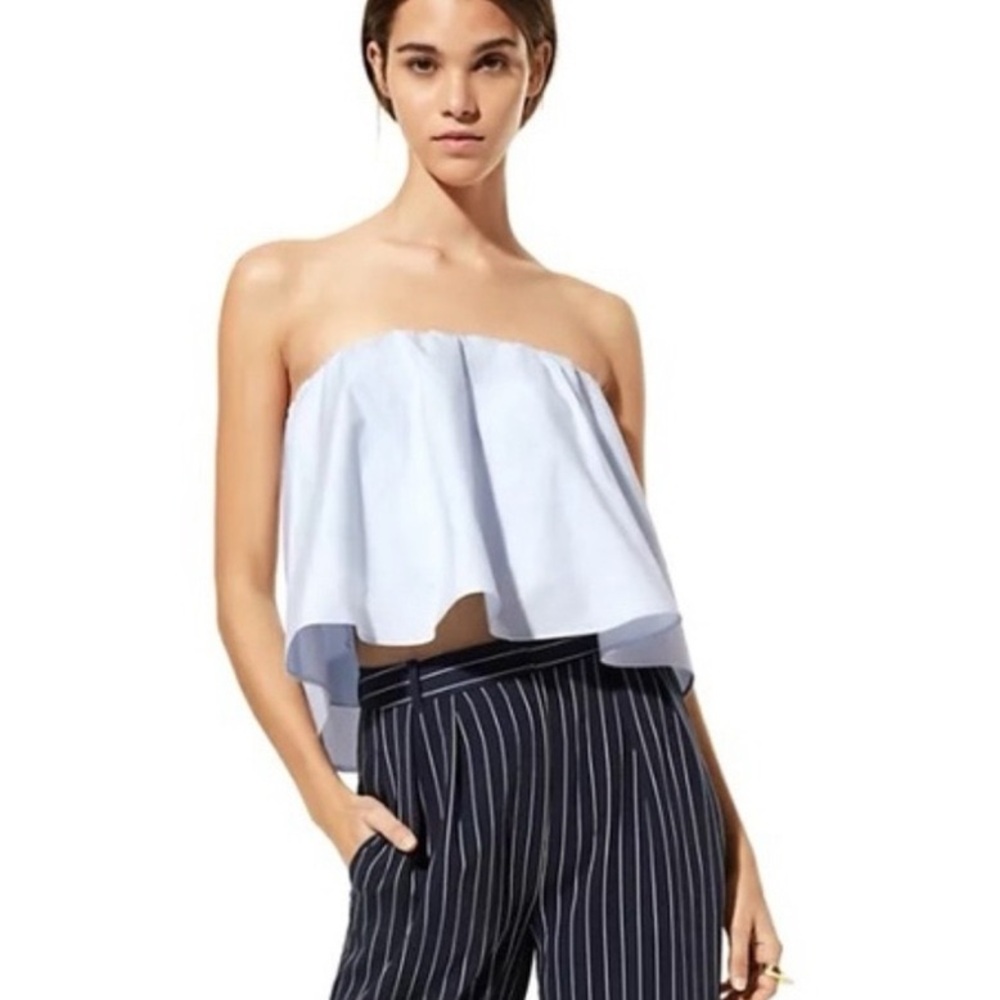 Aritzia Babaton Eckered Strapless Tube Cropped Blouse in blue white stripes -XXS